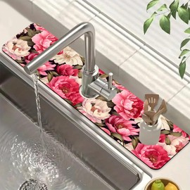 Garden Flowers Kitchen Sink Splash Guard Faucet Mat Watercolor Peonies Super Absorbent Fast Drying Mat Sink Splash Guard Behind Faucet for Kitchen Bathroom, 23.5"x5.5"