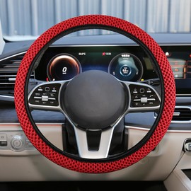 UHANBUT Elastic Stretch Steering Wheel Cover, Anti-Slip 15 inch Microfiber Odorless Breathable Ice Silk Car Steering Wheel Protector, Easy Carry, Warm in Winter & Cool in Summer (Red)