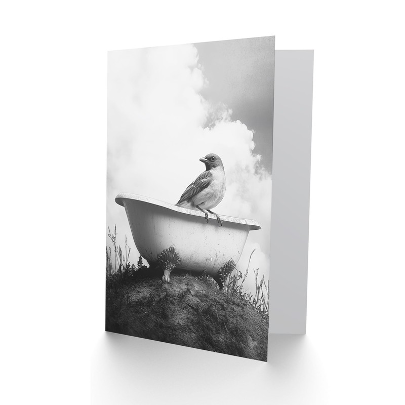 Artery8 Greeting Card Sparrow on Elegant Bathtub Black White Surreal