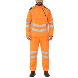 Hi Vis 2 Piece Rain Suit Men Waterproof Suit High Visibility Hi Vis Hoodie Rainsuits Mens Waterproof High Vis Hoodie Pvc Waterproof Workwear Rainsuit -Charcoal-Orange-2XL