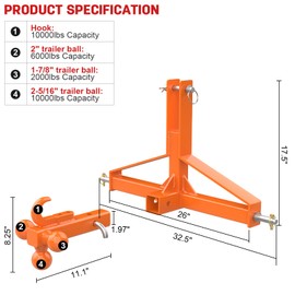 3 Point Quick Hitch 2" Receiver and Ball with Hook, Bright Orange Tractor Trailer Hitch, 3 Pt Farm Equipment and Subcompact for Tractor Category 1