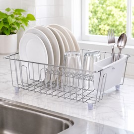 Small Stainless Steel Wire Dish Rack with Cutlery Cup – Compact Countertop Dish Drainer and Kitchen Organizer