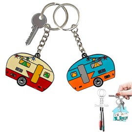 TrustBlai Double-Sided RV Camper Keychain, 2 Pack Retro Travel Trailer Metal Key Ring for Women Men, Durable Camping Gear Accessories for Backpack Purse, Cute Couples Gift Set
