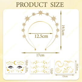 BOYATONG Star Headband Double Layer with 3 Face Tattoos, Rhinestone Hair Band, Gold Sun Headband for Fancy Dress, Music Festival, Wedding, Birthday, Role Play, Pack of 4