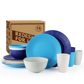 Homienly Dinnerware Sets Plates and Bowls Sets Wheat Straw Dish Set Service for 4 Alternative to Plastic Plates Cups Set Lightweight & Unbreakable Dishes Set for Kitche Outdoor Camping 16 PCS - Island
