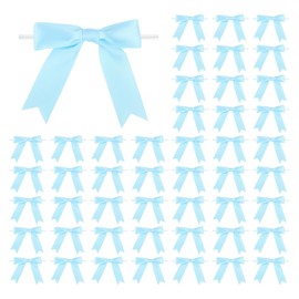 Meseey 50 Pcs 3 Inches Twist Tie Satin Ribbon Bows Baby Blue Pretied Premade Craft Bows for Treat Bags Gift Wrapping Basket Wedding Baby Shower Brithday Christmas Party (3", Baby Blue)