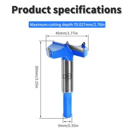 FOCMKEAS 45mm丨1.77 Inch Forstner Drill Bit with Hex Shank Double-Flute Tungsten Carbide Wood Hole Saw for Plastic, Hard Wood, Woodworking Hinge Hole Drilling Boring Bits Cutter 1 Pcs Blue