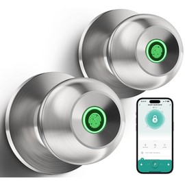 Fingerprint Door Lock, Smart Fingerprint Door Knob with Lock, Biometric Door Locks with App Control & Key, Keyless Thumbprint Entry Door Locks for Bedrooms, Front Door, Home, Apartment-2 Pcs-Silver
