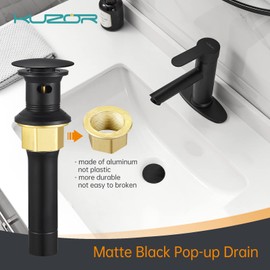KUZOR 2PCS 304 Stainless Steel Bathroom Sink Drain with Overflow - Easy to Install for Modern Bath/Vanity/Vessel Pop Up Drain- Fits Sink Holes, 1-5/8 to 1-2 in - Matte Black