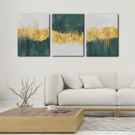 Pacimo Canvas Art Wall Decor Geometric Gold Green Pictures Strokes Abstract Shapes Illustrations Painting Prints on Canvas 3 Pieces Modern Artwork Stretched and Framed Ready to Hang - 12" x 16" x 3
