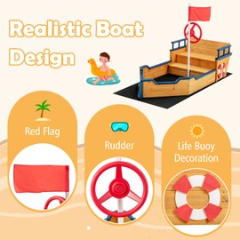 Costzon Pirate Boat Wood Sandbox for Kids, Wooden Pirate Sandpit w/Bench Seat, Storage Space, Ground Liner, Realistic Flag Rudder Buoy, Children Outdoor Playset for Backyard, Home, Lawn, Garden