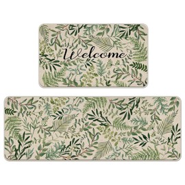Livcoz Welcome Green Leaves Botanical Kitchen Rugs Set of 2, Natural Plant Flower Greenery Floor Mats Home Decor, Spring Summer Door Mat Decorations - 17x29 and 17x47 Inches