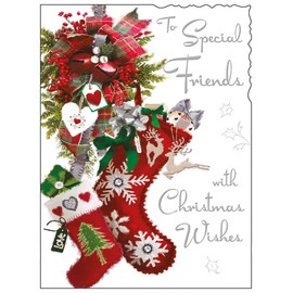 Special Friends Christmas Card - Christmas Stockings and Decorations - Artistic Festive Design - Special Finishes and Illustrated Insert Leaf - Made in the UK