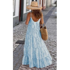 PRETTYGARDEN Women’s Summer Casual Loose Sleeveless Floral Sundress Spaghetti Strap Tiered Maxi Dress Flowy Beach Dresses (Sky Blue, Small)