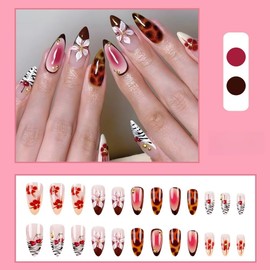 SXVME Blush Pink French Tip Press on Nails Medium Almond, Red Brown Leopard False Nails with Flower Cherry Design Full Cover Fake Nails for Women Daily Wear 24 Pcs