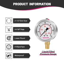 GOATACURA 0-60psi/kpa Glycerin Filled Pressure Gauge, 2-1/2" Dial Size, Stainless Steel Case, with Vent Valve, 1/4" NPT Lower Mount, 2-1-2% Accuracy, for Measuring Gas Liquid Pressure