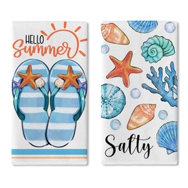 Croar Hello Summer Flip Flops Kitchen Dish Towels Set of 2, Beach Coastal Starfish Conch Coral Drying Hand Towels Baking Cooking Cloth, Sun Bubble Salty Nautical Home Kitchen Decoration 18 x 26 in
