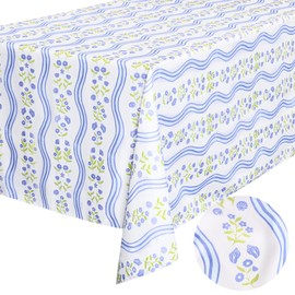 xo, Fetti Coastal Tablecloth, White + Blue | 9' x 4.5' | Bachelorette Tablescape, Dinner Party Setting, Beach Birthday Decoration, Cute Tablecover, Floral Table Decor
