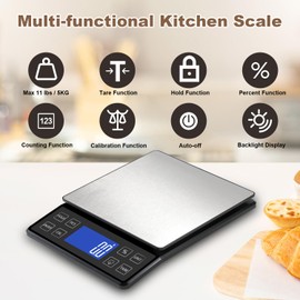 SEMIER Digital Kitchen Scale with 0.1g/0.001oz High Precision, 5kg/11lb Food Bakery Scale with% Percentage Function, Tare Function, USB Rechargeable or AAA Battery Power, Stainless Steel Pan