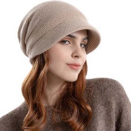 Enwokran Women Winter Knit Visor Hat Fleece Lined Warm Pullover Beret Hat, Newsboy Cap with Brim Cloche Ear Protection Hat for Women (Khaki)