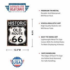 Desperate Enterprises Historic Old Route 66 - Weathered Tin Sign - Nostalgic Vintage Metal Wall Décor - Made in USA
