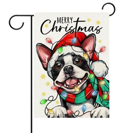 Stosts Merry Christmas Boston Terrier Dog Decorative Garden Flag, Xmas Pet Yard Outside Home Decor Dog Lover Gifts, Winter Holiday Burlap Outdoor Small Decoration Double Sided 12 x 18
