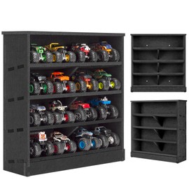 Felt Monster Trucks Display Case, Wall-Mounted 16 Slot Storage Case, Groove Fixation Container Holder (Black - New Version)