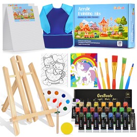Gesboole Acrylic Painting Kit for Kids, Non-Toxic Art Supplies with 4 Canvas Panels, 24 Colors, Art Smocks, Table Easels, 6 Brushes - Painting Gift Set