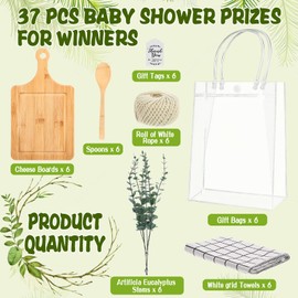 6 Sets Baby Shower Prizes for Game Winner Gifts Bamboo Cheese Board Fork Plaid Towel Artificial Eucalyptus Stems with Cards and Gift Bags for Baby Shower Bridal Shower Birthday Party