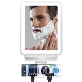 Beltruci Large Fogless Shower Mirror with Light, Anti-Fog, LED, Wall Mount, Dimmable with 3 Lighting Modes, Storage Shelf, Shaving, White