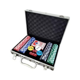 Non-Denominated Poker Chips, 200 11.5 Gram Counterweight Digital Casino Chip Set, 5 Dice, 2 Decks of Playing Cards, Comes in Compact Aluminum Case, for Texas Hold'em and Blackjack, Ages 8 and Up