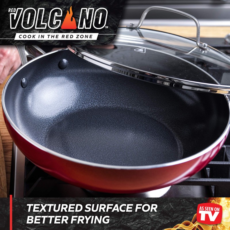 Red Volcano Textured Ceramic Nonstick, 11" Flat Bottom Wok Stir-Fry