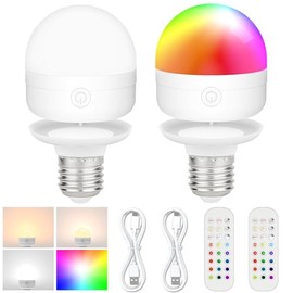 LGMCF Rechargeable Light Bulbs with Remote Control Timer and 3 Color Temperature Options,Battery Operated Light Bulbs Puck Lights with Remote (E26RGB, 2)