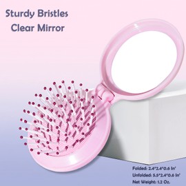 Trikeel Mini Folding Hair Brush with Mirror, Compact Pop up Pocket Brush, Small Travel Size Flip Hair Brush for PurseBackpack,Pink