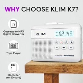 KLIM K7 Cassette Tape Player - Cassette to MP3 Converter - Portable - Built-in Microphone & Speaker - Rechargeable Battery - Earphones - 16GB SD Card - White