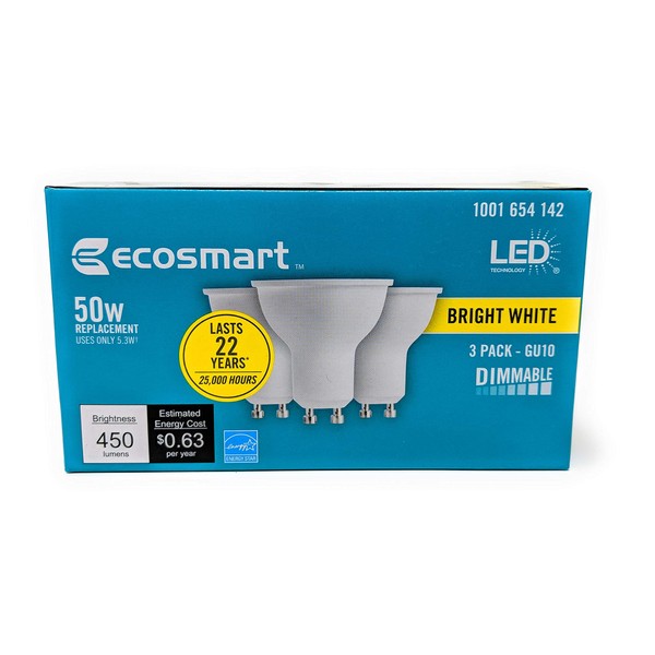 Ecosmart 50W Bright White MR16 GU10 LED Light Bulb (3-Pack) 1001654142 - New
