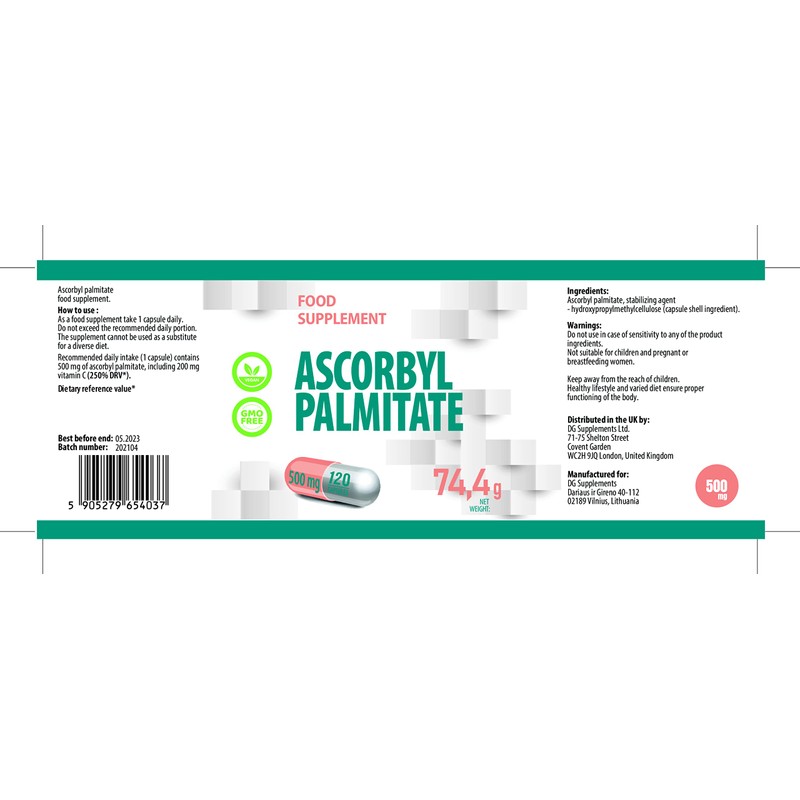 Ascorbyl Palmitate 500mg 120 Vegan Capsules, 3rd Party Lab Tested,
