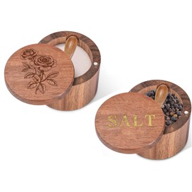 Timtopno Acacia Wood Salt Cellar, 2 PCS Salt Container with Built-in Spoon, Salt Box Bowl with Swivel Lid, Salt Box with Engraving (Rose and SALT)
