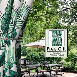 Comlax Outdoor Curtains Waterproof - 132x245 cm Tropical Leaves Printed Garden Thermal Insulation Blackout Drapes Detachable Buckle Tieback for Indoor Window and Outside Porch Pool, Balcony, Green