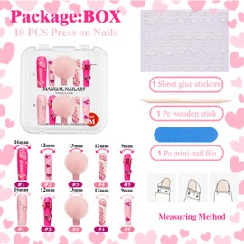 GREENTEA Handmade Press On Nail Long,3D Nail Pink with Heart and Gem Accents, Faux Fur Pom Poms with Storage packages 10 Pcs (Pink-M)