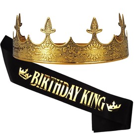 Ｎｏｏｎｈｏｒｓｅ Birthday King Sash Crown & Tiara for Men Birthday Party Decorations Accessories Set for Boy Prince Adjustable Size Dark Gold Black, 2 Pack