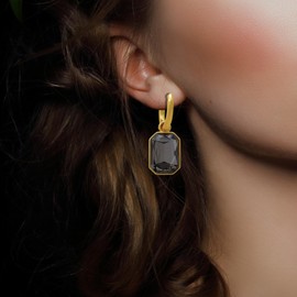 Rectangle Birthstone Hoop Dangle Earrings for Women Vintage Geometric Crystal Huggie Drop Earrings Minimalist Birthstone Hoop Earrings Jewelry Gifts (Black)