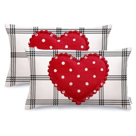 GEEORY Valentines Day Pillow Covers 12x20 Inch Set of 2, Plaid Red Polka Dots Heart Farmhouse Decorative Throw Pillowcases for Home Sofa Couch Cushion Decoration GW11-12