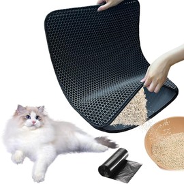 Cat Litter Tray Mat, 60 x 90 cm Cat Mat, Double Layer, Non-Slip, Waterproof, Cat Mat, Cat Litter Tray with Fastening, Honeycomb Mat, Cat Litter Tray, Black Cat Litter Tray Mat