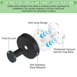 Fasbeu Black Waterproof Suction Cup Hooks, 2-Pack Heavy Duty Stainless Steel No Drill Shower Hooks for Hanging Towels, Robes, Loofahs, Holder Holds Strong on Tile, Glass, Mirror, Wall, Bathroom Door