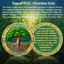 Tree of Faith Christian Challenge Coin - Colossians 2:6-7 Jesus Religious Token - Rooted in Christ God Pocket Bible Verses Chip for Study - Good Luck Commemorative Gifts for Men Women Kids Coworker