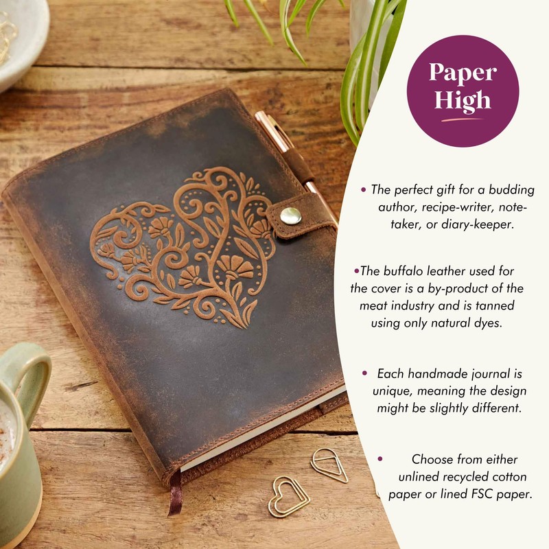 Embossed Heart Genuine Buffalo Leather Refillable Journal - Handcrafted Notebook