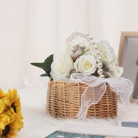 2PCS Flower Girl Basket, Small Easter Baskets, Wedding Flower Girl Basket with Pearl Handle and Ribbon Bow, Rustic Elegant Wedding Baskets for Outdoor Picnic Home Wedding Decoration