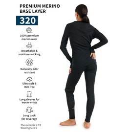 Merino.tech Merino Wool Base Layer Women Set - Lite, Midweight, Heavyweight Merino Thermal Underwear For Women Top, Bottom (Large, 320 Charcoal Grey)
