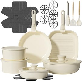 OzawaBear 26 Pcs Ceramic Cookware Set Non Toxic with Detachable Handles, Healthy Nonstick Pans and Pots Set, Induction Dishwasher Oven Safe Kitchen Set, PFAS PFOA & PTFE Free, Cream White
